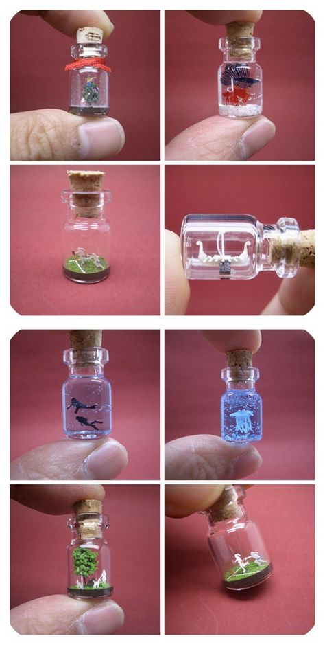 Tiny Glass Bottles Craft Ideas, What To Put In Tiny Glass Bottles, Mini Glass Container Ideas, Diy Small Glass Bottles, Small Glass Bottles Ideas, Tiny Bottle Necklaces, What To Do With Small Glass Bottles, Tiny Jar Ideas, Glass Vial Crafts