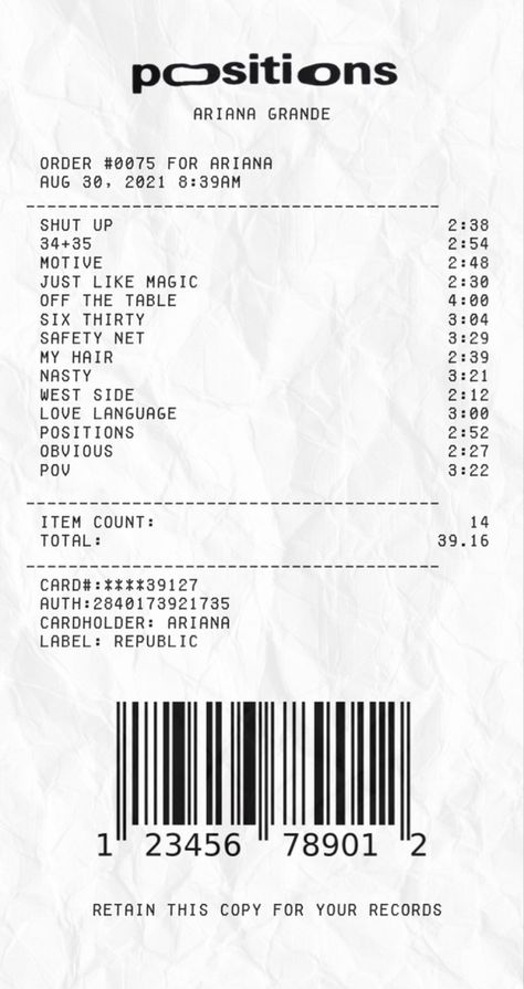 Receipt Music Posters, Reciept Albums, Receipt Collage, Song Receipts, Aesthetic Receipt, Music Receipt, Album Receipts, Ariana Grande Album, Packaging Ideas Business