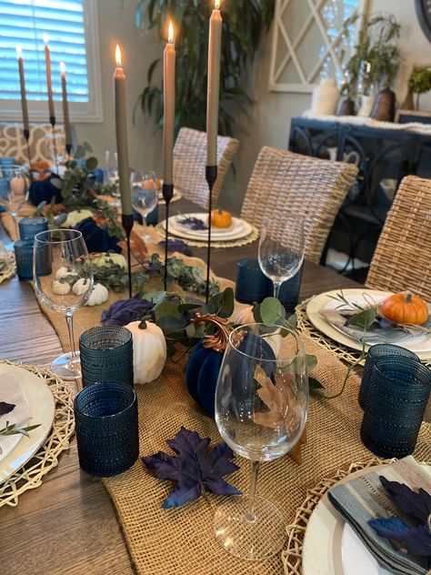 Blue and Orange table setting. Pumpkin table setting Blue Orange Thanksgiving Table, Teal Thanksgiving Decor, Blue Fall Table Decor, Orange And Blue Thanksgiving Table, Navy And Orange Thanksgiving Table, Orange Blue Table Setting, Thanksgiving Tablescapes Blue, Blue Fall Tablescapes, Navy Thanksgiving Table