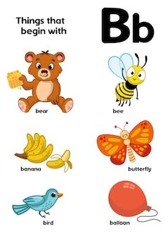 Premium Vector | Things that start with the letter b vector illustration Child Reading A Book, Alphabet Letter Worksheets, Flamingo Craft, Kids Reading Books, The Letter B, Letter Tracing Worksheets, Alphabet Pictures, Classroom Birthday, Printable Alphabet Letters