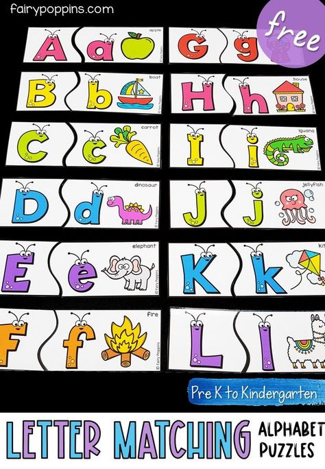 These free letter matching puzzles help kids learn about letter identification and beginning sounds. #alphabetactivities #beginningsounds #preschool #prek #kindergarten #letteridentification #literacycenter Matching Letters Activities, Letters Activity Kindergarten, Kindergarten Letter Recognition, Letter Matching Preschool, Letter Identification Worksheets, Letter Identification Games, Fairy Poppins, Abc Activities Preschool, Letter Identification Activities