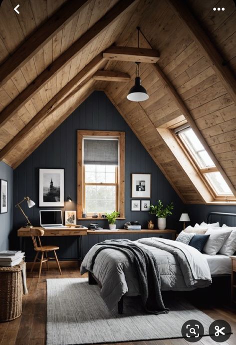 A Frame Bedroom Ideas, Cool Attic Rooms, Finished Attic Ideas, Attic Bedroom Ideas Angled Ceilings, Scandinavian Cabin Interior, Attic Master Suite, Attic Design Ideas, Attic Bedroom Ideas, Loft Bedrooms