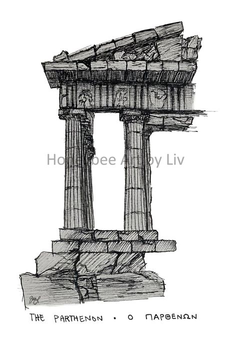 Parthenon Drawing, Greek Temples Drawings, Greek Sketches, Greek Temple Drawing, Parthenon Sketch, Easy Architecture Sketch, Ancient Greece Drawing, Sketch Architecture, Athens Drawing