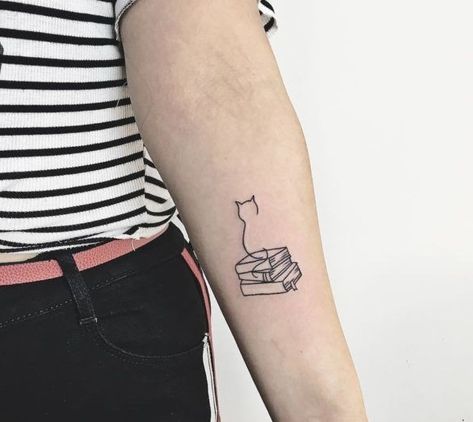 Cat On A Book Tattoo, Cat Book Tea Tattoo, Book Tattoo With Cat, Cat Book Tattoo Ideas, Cat Sitting On Books Tattoo, Reading Lover Tattoo, Cats Books And Coffee Tattoo, Cat On Stack Of Books Tattoo, Book Lover Tattoo Minimalist