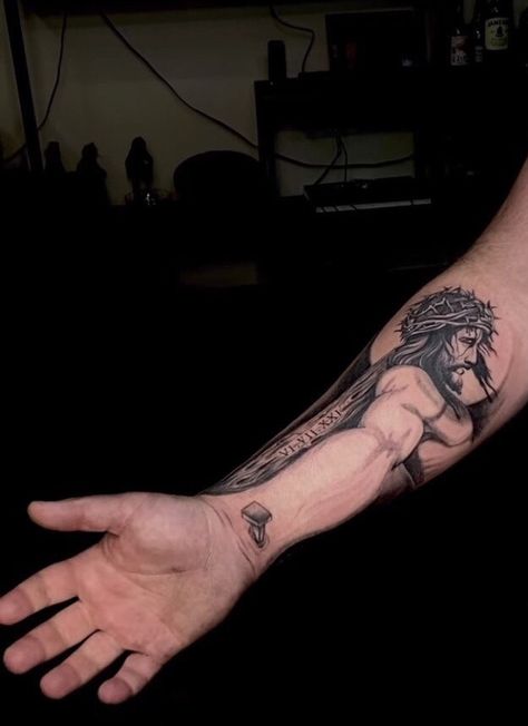 Jesus Carrying The Cross Tattoo, Jesus 3d Tattoo, Jesus Tattoo Design For Men, Jesus Saves Tattoo, Jesus Arm Tattoo, Hand Tattoo For Men, Hand Tattoos Men, Jesus Hand Tattoo, Jesus On Cross Tattoo