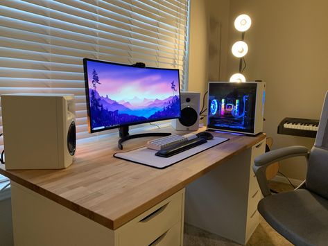 Went for a white and wooden theme in my new apartment My New Apartment, Setup Gaming, Computer Setups, Pc Setups, White Drawers, Gaming Room Setup, Workspace Inspiration, New Apartment, Computer Setup