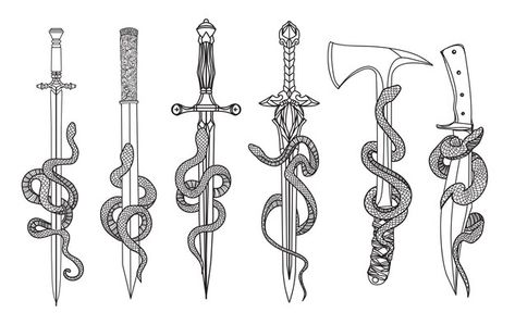 Snake And Dagger Tattoo, Group Tattoos, Sketch Black And White, Element Tattoo, Vector Tattoo, Vintage Tattoo Art, Serpent Tattoo, Knife Tattoo, Kunst Tattoos