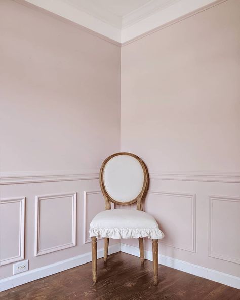 Light Pink Dining Room Walls, Pink Waynes Coating, Pink Wall Trim, Light Pink Dining Room, Pink Room Paint, Light Pink Nursery Walls, Pink Molding, Chair Rail Paint Ideas, Pale Pink Room