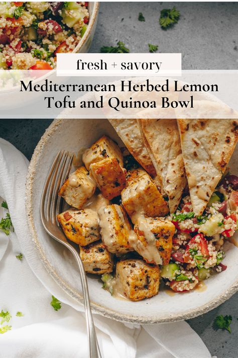 A zesty, bright, and ultra flavorful Mediterranean-inspired bowl with crispy marinated herbed lemon tofu, fresh couscous and veggie salad, crisp pita chips, and a creamy tahini sauce. Tofu Quinoa Bowl, Lemon Tofu, Couscous Bowl, Tofu Quinoa, Tofu Recipes Vegan, Vegan Dinner Recipes Easy, Marinated Tofu, Easy Vegan Dinner, Veggie Bowl