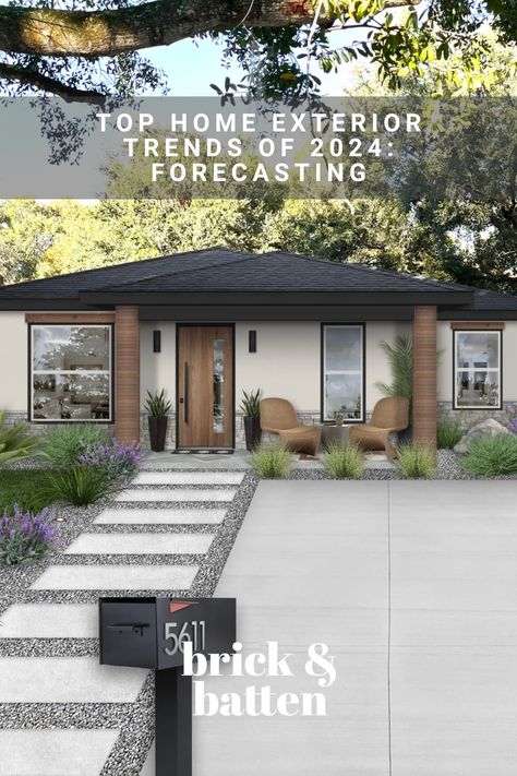 In this roundup of the top home exterior trends of 2024, we highlight design styles and elements, paint colors, and more that will be popular in the year to come. Check it out and let us know which trend you're most excited about: https://bit.ly/47Vecki Florida Ranch Style Homes Exterior Remodel, Single Story Home Exterior Ideas, 2024 Home Exterior, Modern Colonial Homes Exterior, How To Paint House Exterior, Repainting Stucco Exterior, Sw Pavestone Exterior, House Of Valentina Exterior Paint, Modern Outdoor Paint Colors For House