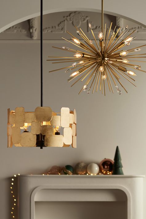 Gold pendant lighting; 2 gold pendant lights; drum pendant light; sputnick pendant light Entryway Pendant Light, Lighting Entryway, Entryway Pendant Lighting, Pendant Light Kitchen Island, Entryway Pendant, Drum Pendant Light, Starburst Chandelier, Chandelier Ideas, Starburst Pendant