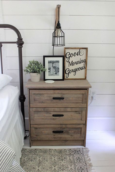 Ikea Side Table Makeover, Rast Dresser Makeover, Ikea Rast Hack Nightstand, Ikea Rast Makeover, Ikea Deco, Ikea Rast Hack, Farmhouse Nightstand, Cottage Market, Bedroom Redo