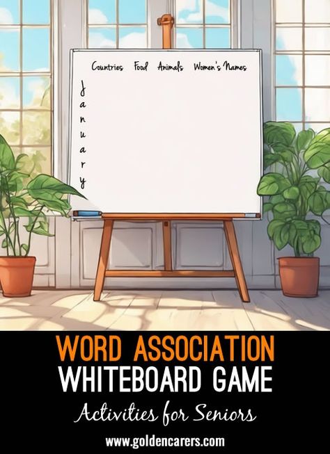 Whiteboard Word Association Game Whiteboard Games, Senior Center Activities, Memory Care Activities, Word Association, Senior Living Activities, Nursing Home Activities, Morale Boosters, Recreation Therapy, Elderly Activities