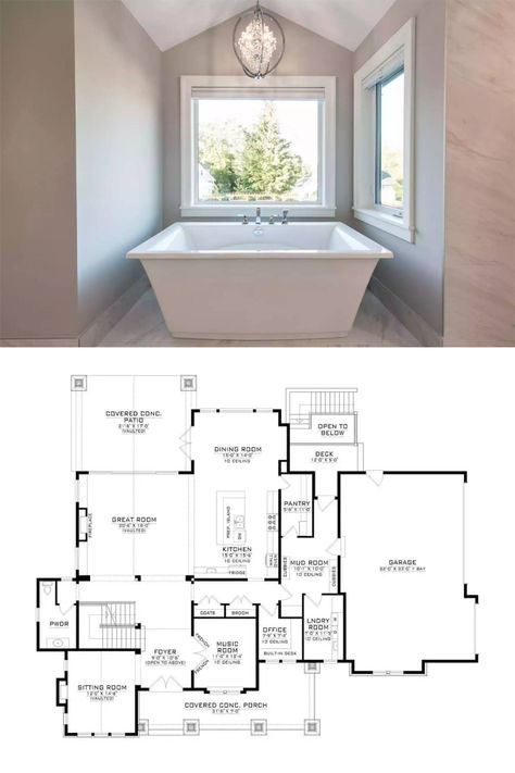 Primary Bathroom with Picture Windows and a Soaking Tub Under the Cathedral Ceiling (Floor Plan) Home With Front Porch, Two Story Craftsman, Clapboard Siding, Southern Traditional, Basement Floor, Basement Floor Plans, Gambrel Roof, Primary Bathroom, Country Craftsman