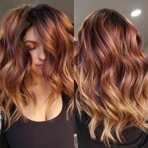 Copper Color Melt, Hairstyles For Red Carpet, Color Melt Balayage, Swept Hairstyles, Balayage Hair Copper, Red Balayage Hair, Color Melt, Side Swept Hairstyles, Ginger Hair Color