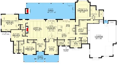 Single Story Farmhouse, Large Covered Porch, Hill Country Homes, Set Sofa, Floor Plan Layout, Porch Flooring, Country House Plan, Ranch House Plans, Country House Plans