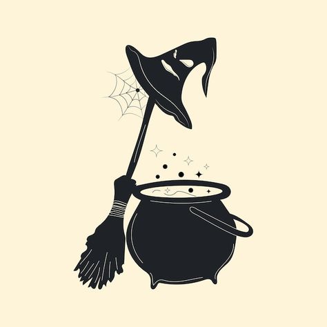 Cute Halloween Drawings, Cartoon Witch, Premium Vector Cartoon, Witches Cauldron, A Broom, Halloween Drawings, Halloween Icons, The Cartoon, Vector Cartoon