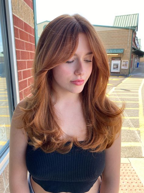 #hairstyles #redhaircolor #blowout #90slayers #butterflylayers 90s Hairstyles Red Hair, 90s Copper Hair, Red Blowout Hair, 90s Blowout Red Hair, Ginger Blowout, 90s Hairstyles Layers, 70s Blowout Hair, 70s Blowout, Red Hair Layers