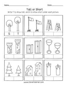 Free printable worksheets on measuring sizes, tall and short. Tall And Short, Longer And Shorter Kindergarten, Long Short Worksheet Preschool, Short And Tall Worksheet For Preschool, Tall And Short Worksheets Kids, Tall Short Worksheet, Tall Short Concept For Kids, Tall And Short Activity, Kindergarten Math Lesson Plans