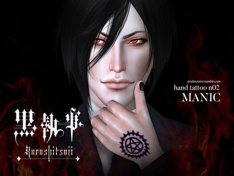 Pralinesims' Hand Tattoo MANIC - Black Butler Sims 4 Diabolik Lovers Cc, Sims 4 Cc Hand Tattoos, Sims 4 Butler, Sims 4 Cc Tattoos, Tattoos Hands, Unbreakable Tattoo, Spray Tattoo, Sim4 Cc, Male Tattoos