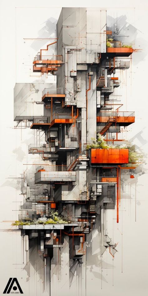 Abstract Building Art, Sci Fi Building Concept Art, Building Drawing Architecture Sketches, Futuristic City Drawing, Futuristic City Concept Art, Modern Architecture Drawing, Futuristic Building Concept Art, Midjourneyart Architecture, Abstract Architecture Painting