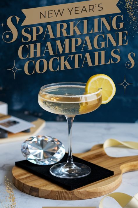 New Year's champagne cocktail with lemon slice on a wooden board, surrounded by festive decorations. Champagne Welcome Drink, Toast To The New Year, Elderflower Champagne, Bubbly Drinks, Champagne Float, Champagne Margaritas, Sparkling Wine Cocktails, Champagne Martini, New Years Cocktails