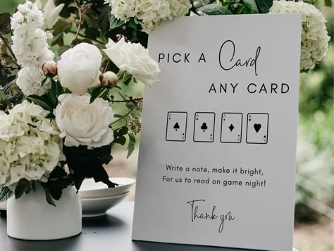 Add a unique and personal touch to your wedding with our custom "Pick a Card" guestbook sign. Guests can leave heartfelt messages and signatures on playing cards, creating cherished memories for you to enjoy every time you play! ✅INSTANT ACCESS ✅EXPIRES AFTER 1 YEAR ✅EASY EDIT WORDING/FONTS/COLORS ✅PRINT AT HOME OR PROFESSIONALLY ⬇️TRY THE DEMO BEFORE PURCHASE 👉TRY THE DEMO * * * * * * * * * * * * *  Try the Demo at Corjl, copy and paste link into your browser: https://www.corjl.com/d/1A2FGM TI Card Game Wedding, Wedding Playing Cards, Deck Of Cards Wedding Guest Book, Guestbooks Ideas For Wedding, Playing Card Guest Book Sign, Guest Book Playing Cards, Custom Wedding Playing Cards, Personalized Playing Cards Wedding, Wedding Personal Touches