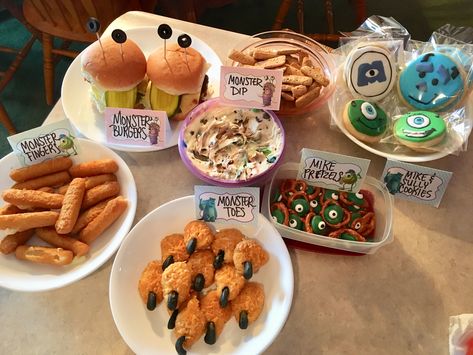 Monsters inc movie night- Monster burgers, toes, fingers, mike pretzels, mike and sully cookies, monster dip Monsters Inc Movie Night Dinner, Monster Inc Food Ideas Snacks, Monsters Inc Dinner Ideas, Movie Night Recipes Dinners, Monsters Inc Inspired Food, Monster Inc Dinner And A Movie, Corpse Bride Movie Night Food, Monsters Inc Themed Dinner, Diy Monster Party Decorations