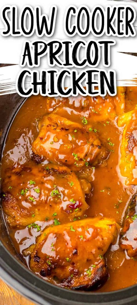 This slow cooker apricot chicken is the perfect blend of a sweet and savory sauce over tender juicy chicken. It is a super easy recipe that comes together in minutes and cooks all day so that dinner is ready at the end of a busy day! Apricot Chicken Breast, Apricot Chicken Slow Cooker, Slow Cooker Apricot Chicken, Apricot Chicken Recipes, Slow Cooker Recipes Beef Stew, Peach Chicken, Chicken Breast Slow Cooker, Chicken Crockpot Recipes Easy, Apricot Chicken