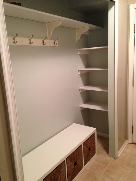 After pic of mudroom closet. Needs decor but almost there | Small closet organization bedroom, Storage closet organization, Entry closet Hallway Closet Storage Ideas, Mudroom Closet Organization, Mudroom Closet Ideas, Redo Closet, Entry Closet Organization, Coat Closet Storage, Coat Closet Makeover, Shelves Closet, Small Closet Organization Bedroom