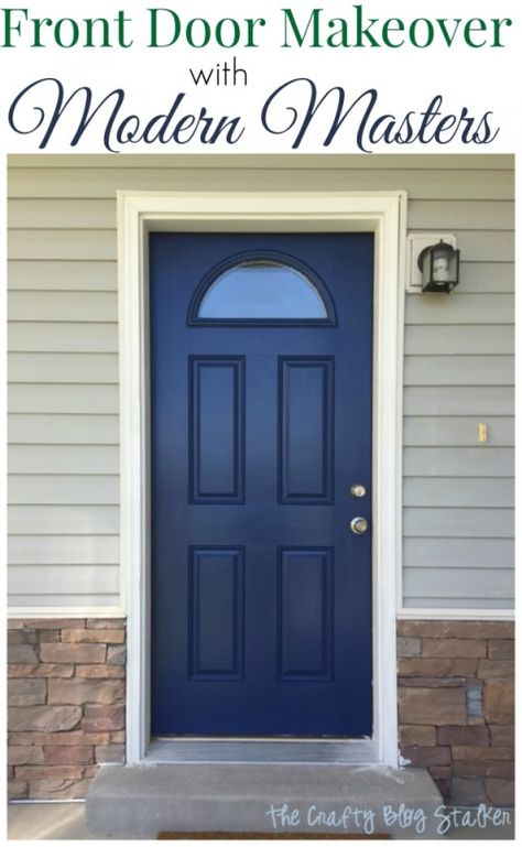 Front Door Makeover with Modern Masters Front Door Paint | Project by The Crafty Blogstalker | Color: Calm Navy Front Door, Garage Door Types, Front Door Styles, Blue Front Door, Front Door Makeover, Front Door Entrance, Painted Front Doors, Diy Outdoor Decor, Front Door Colors