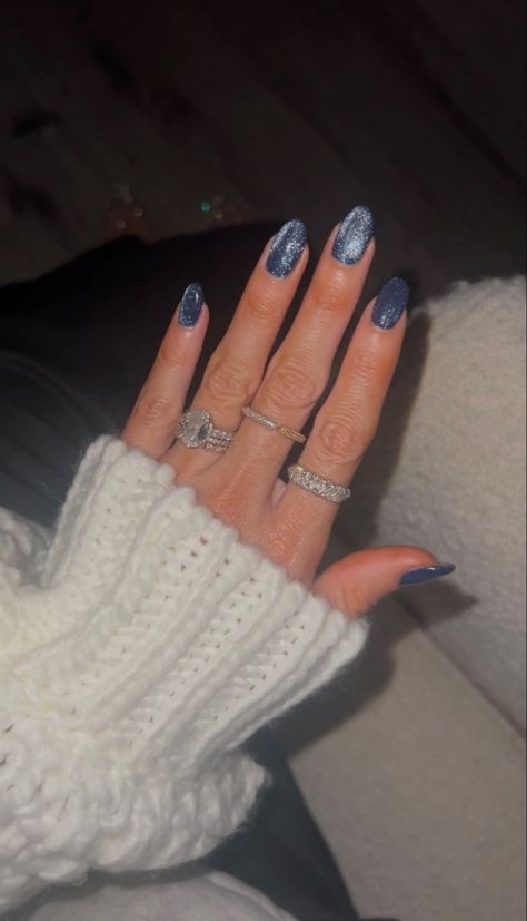 Dark Blue Nails With Diamonds, Denim Chrome Nails, Dark Blue Pearl Nails, Midnight Blue Chrome Nails, Smoky Blue Nails, Sparkly Navy Blue Nails, Nails Ideas Chrome, Steel Blue Nails, Dark Blue Sparkly Nails