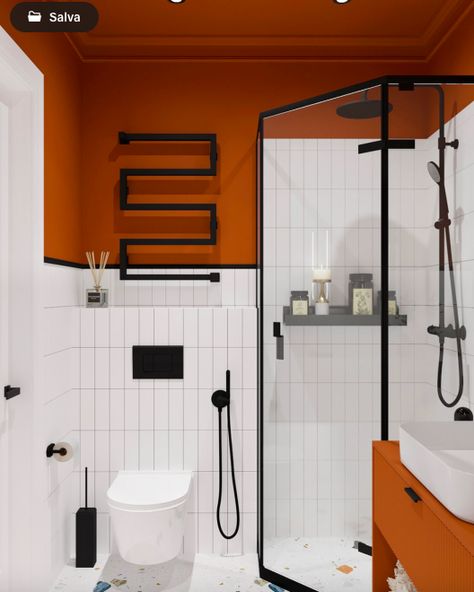 Orange Black Bathroom, Orange And Black Bathroom, Bathroom 2024 Design Trends, Small Mid Century Bathroom, Bauhaus Bathroom, Orange Bathroom Ideas, Wallpaper Decor Ideas, Wallpaper Design Ideas, Best Bathroom Paint Colors