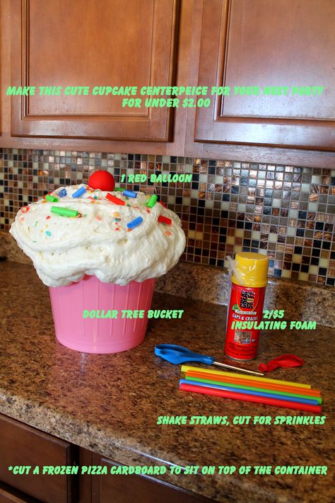 Make these HUGE cupcakes for under $2.00 each!  Insulation Spray Foam, a Plastic Container from the Dollar Tree, a Red Balloon, and some Milkshake Straws.  You can paint the "icing" for different flavors. Candy Themed Party, Candy Land Birthday Party, Gingerbread Christmas Decor, Candyland Birthday, Candyland Party, Candy Land Christmas Decorations Outdoor, Christmas Float, Candy Theme, Candy Land Christmas Tree