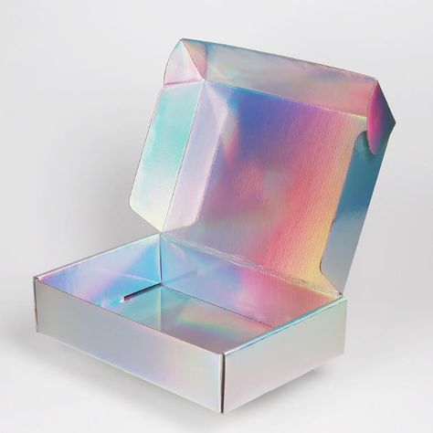 Holographic Box Packaging, Silver Boxes Design, Holographic Packaging Design, Uv Printing Ideas Products, Iridescent Packaging, Hologram Packaging, Holographic Branding, Paper Box With Lid, Holographic Packaging