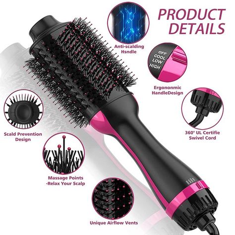 MULTIFUNCTIONAL HAIR DRYER BRUSH - Designed with Nylon Pin & Tufted Bristle, helps detangling and improving volume. Oval shape body, could be used for smoothing hair or creating volume. This 4-in-1 hair dryer brush is suitable for blow drying, straightening, and volumizing. A must have item for beauty people with all kinds of hair. Revolution Hair Dryer Brush, Reckon Hair Dryer Brush, Sonic Hair, Hair Brush Dryer, Hot Hair Brush, Hairstyle Tools, One Step Hair Dryer, Brush Dryer, Hair Dryer Styler