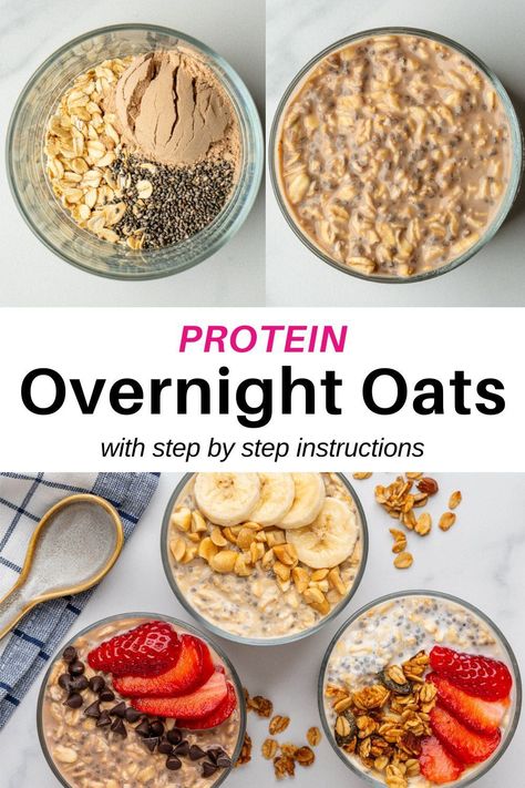 These Protein Overnight Oats are a game changer and perfect for busy mornings. Made in minutes with 4 ingredients packed with 28 grams of protein! Protein Overnight Oats Healthy Recipe, Overnight Oats Fiber, Low Calorie Protein Overnight Oats, High Protein Overnight Oats Meal Prep, High Protein Overnight Oats No Powder, Overnight Oats With Chia Seeds And Protein Powder, Low Carb Overnight Oats Protein, Overnight Oats Protein Recipe, Overnight Oats Premier Protein