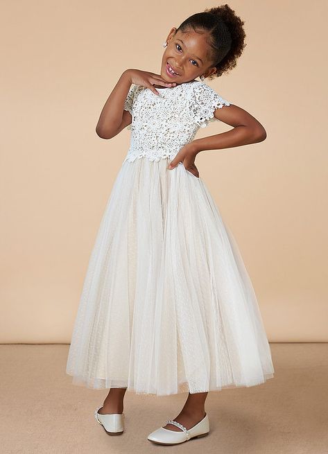 Petal, our boho-inspired flower girl dress will match the bride's wedding gown in this trendy flower girl dress, thanks to the adorable floral lace bodice. A full, flowy A-line skirt cut from dotted tulle creates a cute and whimsical look. Flower Girl Beige Dress, Vintage Flower Girl Dress, Fall Wedding Flower Girl, Petal Flower Girl Dress, Flower Girl Dresses Vintage, Flower Girl Dresses Champagne, Lemon Wedding, White Flower Girl Dress, Wedding April