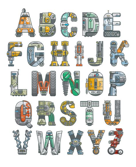 Robot Font, Typography Alphabet, Alphabet Images, Creative Lettering, Typography Graphic, Creative Fonts, Alphabet Design, Alphabet Art, Alphabet Poster