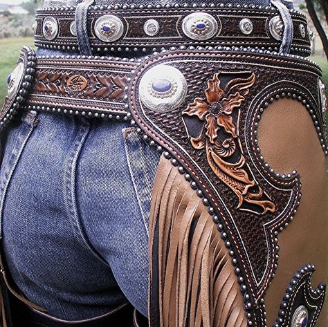 Chinks — Denice Langley Custom Cowboy Chaps, Western Chaps, Riding Chaps, Cow Boys, Tooling Patterns, Cowboy Gear, Estilo Country, Cowboy Up, Leather Carving