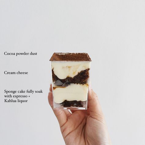 Luscious coffee-flavored dessert with a bit of something extra from a little liqueur - Classic Tiramisu #stayhome #staysafe #kamihantar Tiramisu Flavored Cake, Tiramisu Jar, Tiramisu Packaging, Tiramisu Cups, Cakes Photography, Jar Cake, Classic Tiramisu, Dessert Box, Basic French