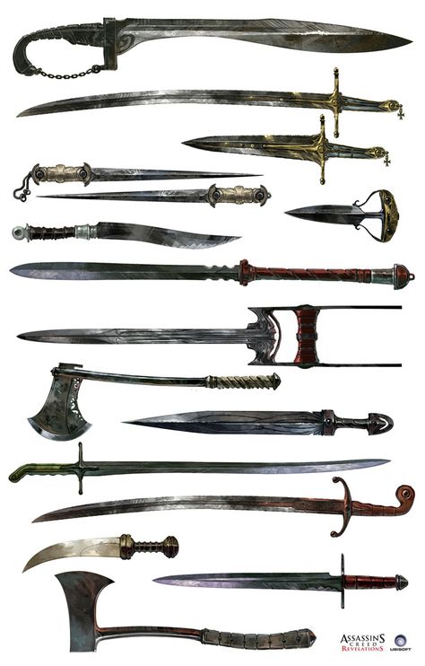 Assassin's Creed Revelations Weapons Concept Art - In the final installment of Ezio's life, Revelations showed players a new part of the world, which brought along new weapons, which appeared more middle eastern and deadly. Once again, Ubisoft did a good job at making their weapons authentic to the the time period while maintaining the level of fun a player can have. Escudo Viking, Types Of Swords, Kendo, Medieval Fantasy, Assassins Creed, Middle Ages, Zbrush, Larp, 그림 그리기