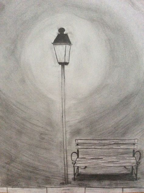 Park bench under street lamp in the night. Pencil drawing Night Pencil Drawing, Midnight Walk, Night Drawing, Landscape Pencil Drawings, Drawing Scenery, Pencil Drawings For Beginners, Art Drawings Sketches Pencil, Easy Drawings Sketches, Pencil Art Drawings