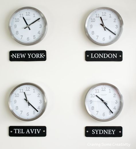 How to make a World Clock Wall Gallery Display with a few simple tools. Includes tips and tricks for picking the right clocks and making city labels. Wall Of Clocks Decor, Wall With Clock, Diy Wall Clock Ideas, Clock On Wall, Wall Clock Display, Simple Gallery Wall, Time Zone Clocks, Masculine Office, Clock Decor Ideas