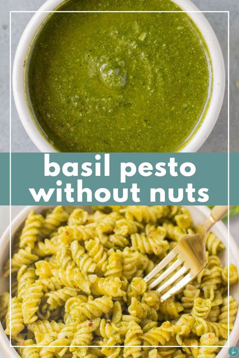 Nut Free Pesto Basil, Pesto Recipe Without Nuts Or Seeds, Easy Pesto Recipe Without Pine Nuts Healthy, Homemade Pesto Recipe Nut Free, Basil Pesto No Pine Nuts Recipe, Dairy Free Pesto Recipe, But Free Pesto, Pesto No Nuts Recipe, Pesto No Pine Nuts Recipe