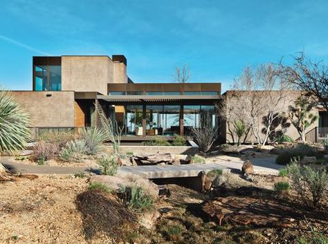 "Vegas Case Study": This beautiful prefab home was manufactured in California over a 4 month period, then transported to Las Vegas a placed on a concurrently constructed basement garage and foundation. Another 3 months were spent doing exterior and interior finish work, delivering this beautiful home in a remarkable 7 months. | Marmol Radziner, 2013 House In The Desert, Modern Desert Home, Marmol Radziner, Sage Design, Desert House, Modern Prefab Homes, Modern Desert, Desert Homes, Design Studios