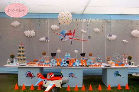 Disney Planes Birthday Party | CatchMyParty.com Dusty Crophopper Birthday, Disney Planes Birthday Party, Aeroplane Party, Disney Planes Party, Disney Planes Birthday, Dusty Crophopper, Aviation Party, Plane Birthday, Plane Party