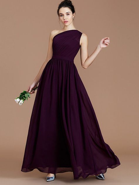 A-Line/Princess One-Shoulder Sleeveless Ruched Floor-Length Chiffon Bridesmaid Dresses Vestidos Color Uva, Fall Bridesmaids Dresses, Color Uva, Grape Bridesmaid Dresses, Fall Bridesmaids, Girls Bridesmaid Dresses, Mother Of The Bride Dresses Long, Yule Ball, Floor Length Chiffon Bridesmaid Dresses