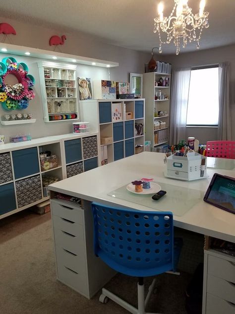 Flower paint storage top left of the pic. Basement Sewing Room, Hobby Room Design, Under Shelf Lighting, Basement Craft Rooms, Jennifer Maker, Sewing Room Inspiration, Small Craft Rooms, Craft Shed, Sewing Room Design