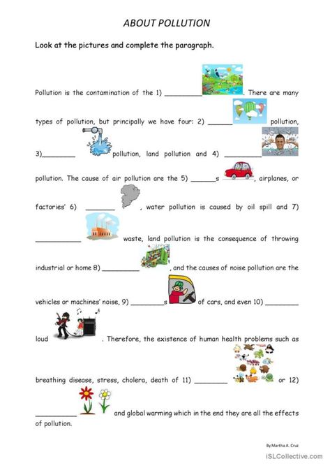 About pollution - English ESL Worksheets for distance learning and physical classrooms Pollution Worksheets For Grade 3, Air Pollution Worksheet, Pollution Activities Worksheets, Types Of Pollution, Causes Of Air Pollution, Pollution Activities, Pollution Environment, Everyday Science, English Prepositions